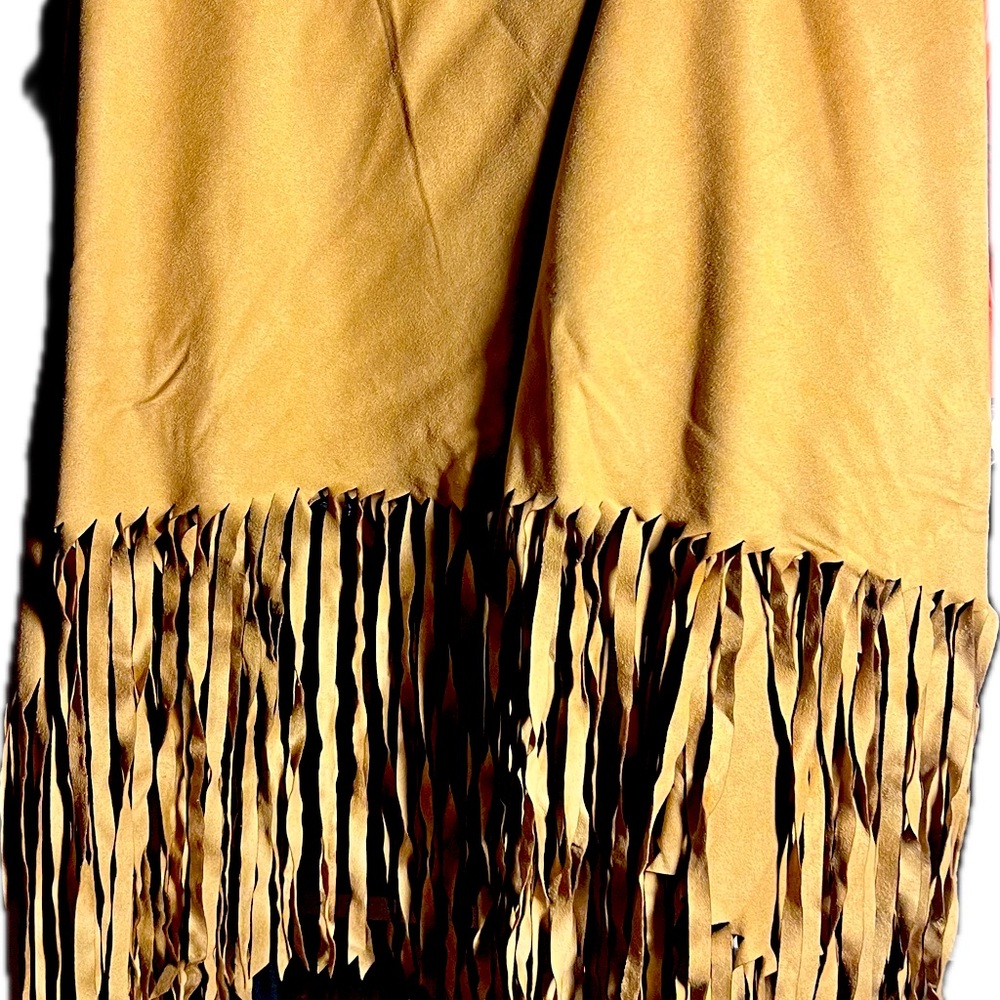 Tashon— new fringe faux suede wrap in camel color